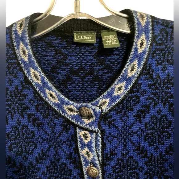 LL Bean Merino Wool Winter Outdoor Comfy FairIsle Nordic Sweater Cardigan Large - Picture 3 of 10
